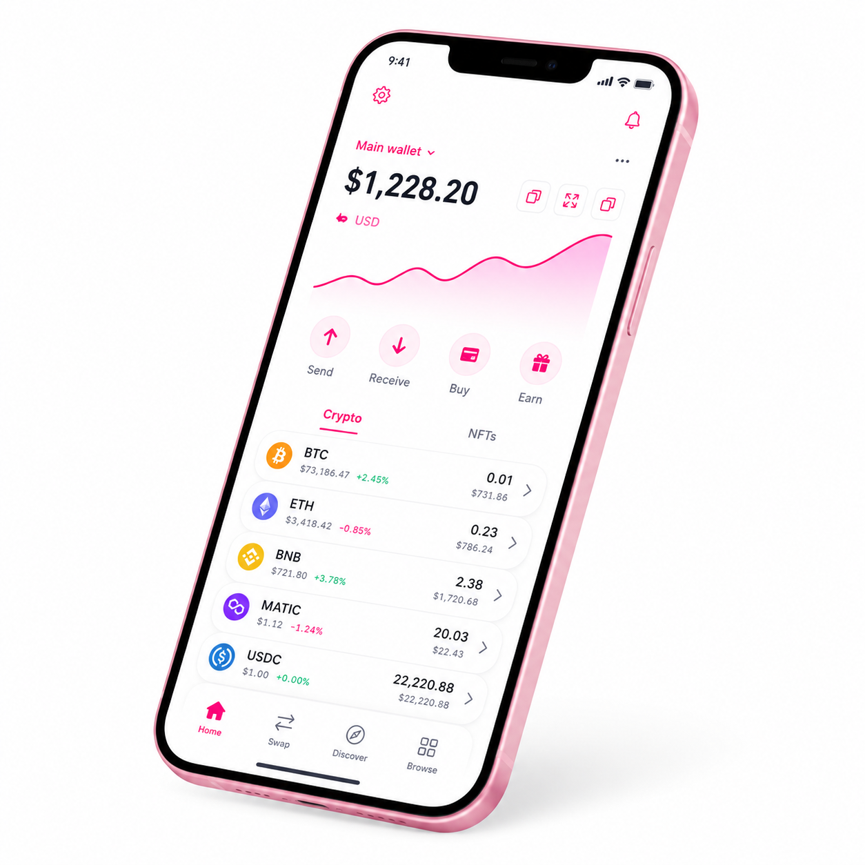Rabbify mobile app showing a crypto wallet balance and asset list